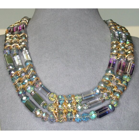 Laguna B Jewelry - Vintage Laguna five-strand aurora borealis crystal bib necklace/ faceted beads